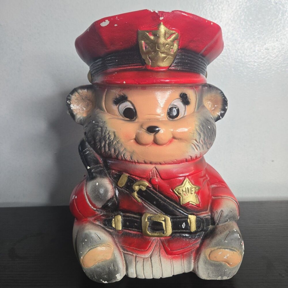 Vintage Chalkware Police Teddy Bear 1970s Carnival Prize Coin Piggy Bank Stash